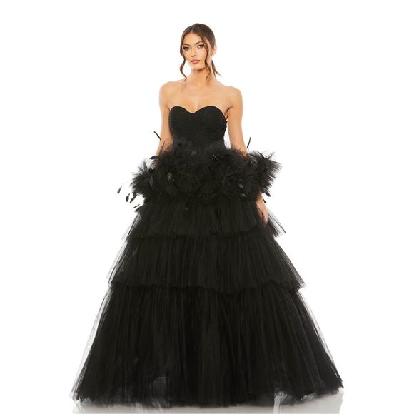 MAC DUGGAL STRAPLESS TULLE GOWN WITH FEATHER DETAIL - Picture 1 of 10